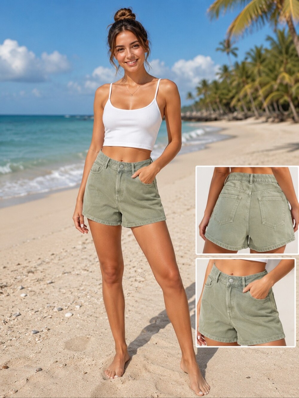 NWT Women's Sage Green Jean Shorts, Comfortable, Size 12, Front Zipper & Pockets
